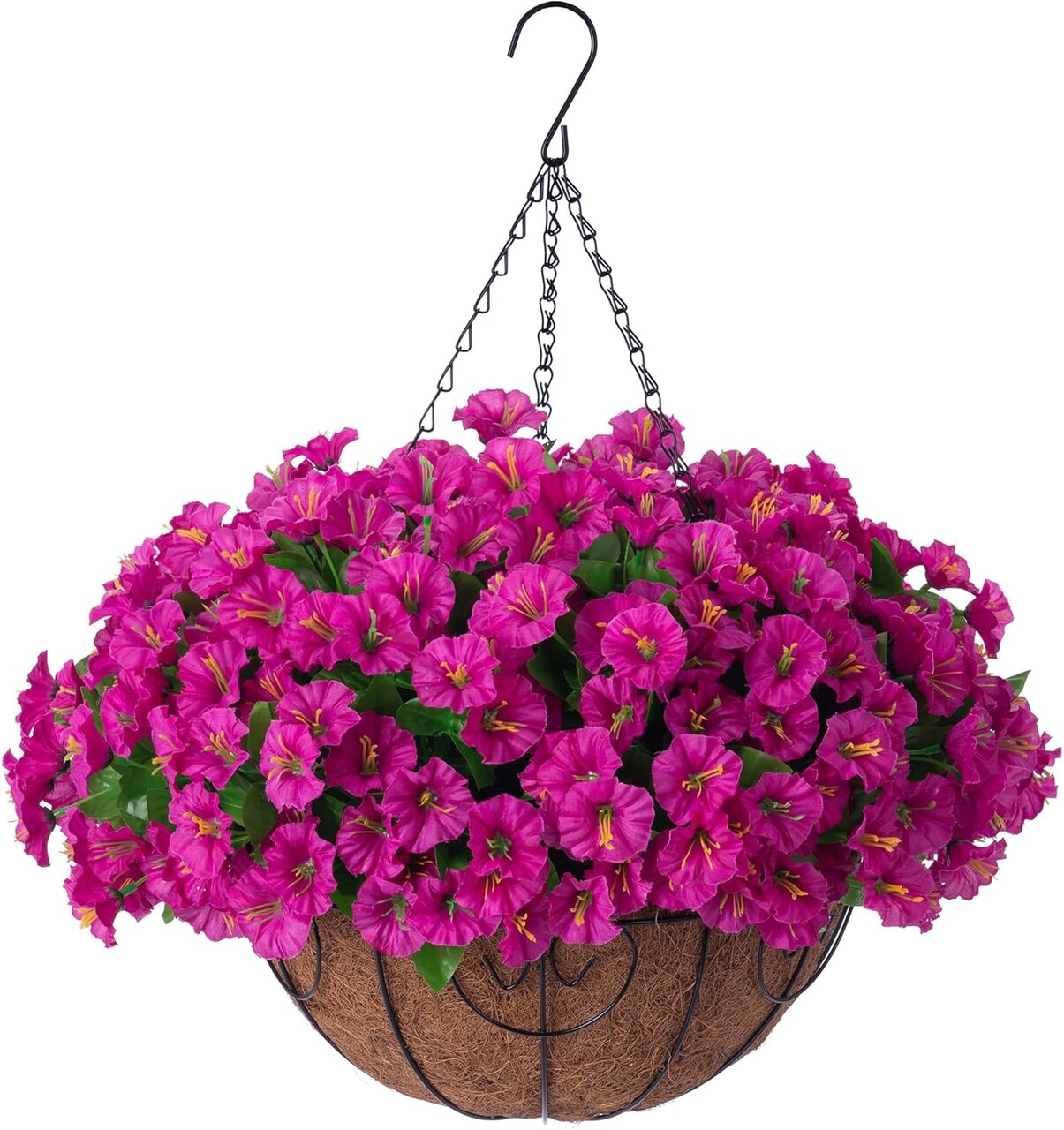 Artificial Hanging Flower Basket – Faux Petunias & Morning Glory for Outdoor Decor (Purple Red)